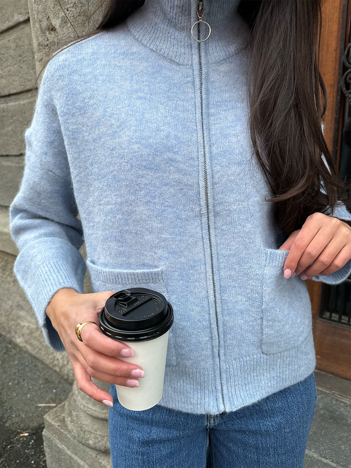 Selected Femme Sia Ras Long Sleeve Knit Zipper Cardigan Cashmere Blue Melange