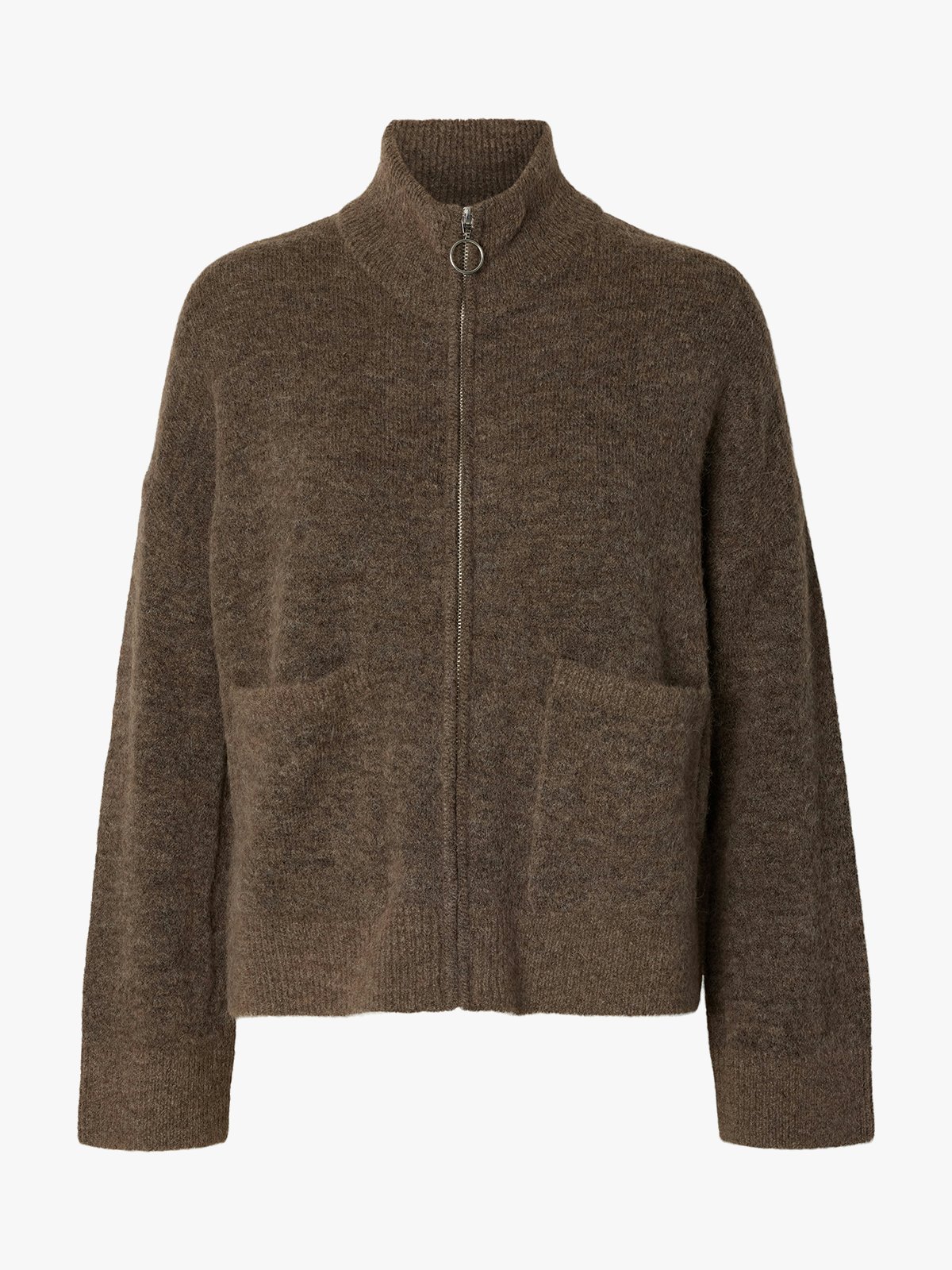 Selected Femme Sia Ras Long Sleeve Knit Zipper Cardigan Chocolate Chip