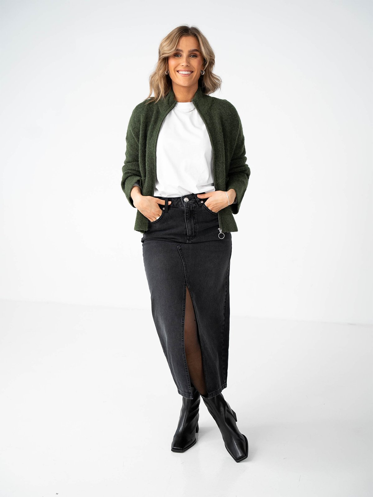 Selected Femme Sia Ras Long Sleeve Knit Zipper Cardigan Duffel Bag Melange