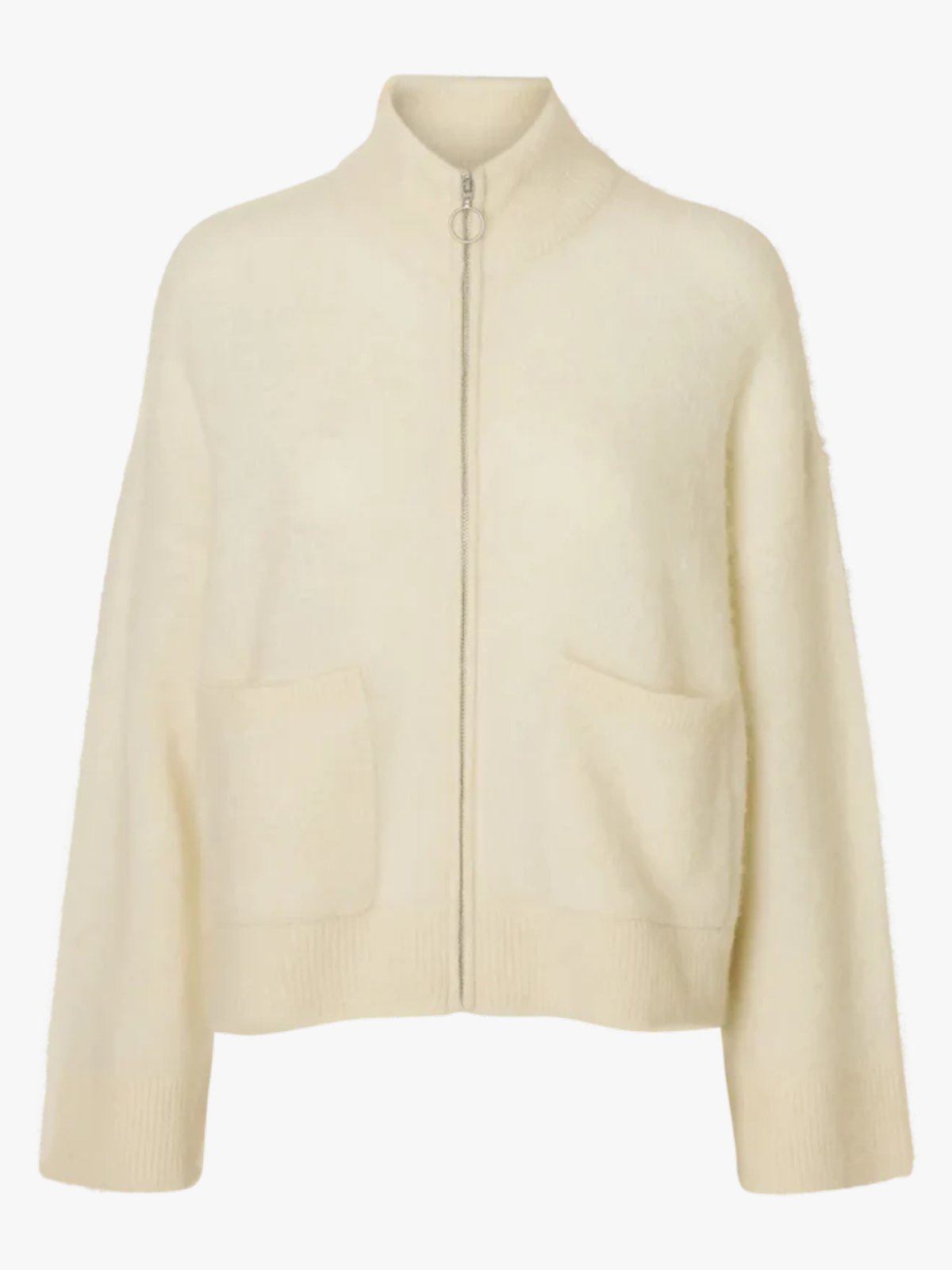 Selected Femme Sia Ras Long Sleeve Knit Zipper Cardigan Snow White Melange