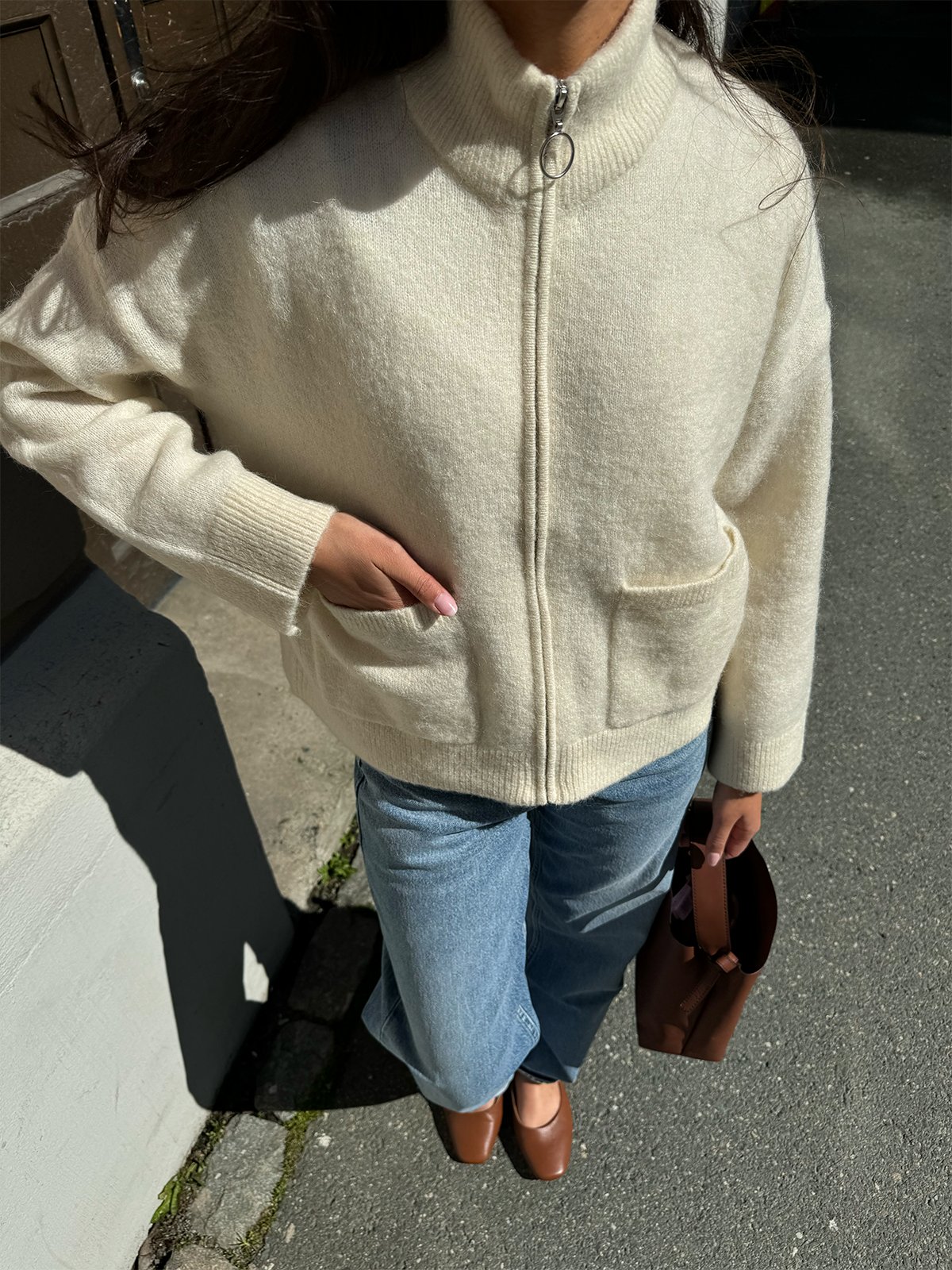 Selected Femme Sia Ras Long Sleeve Knit Zipper Cardigan Snow White Melange
