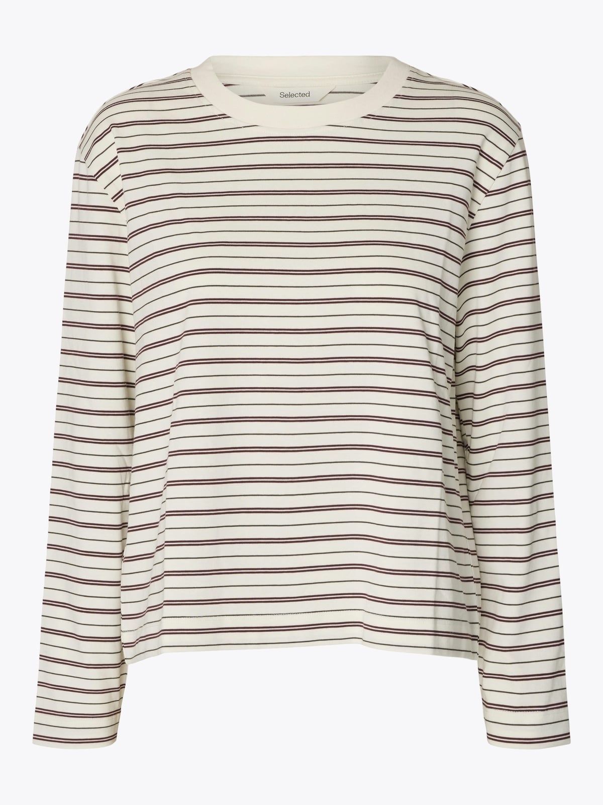 Selected Femme Essential Long Sleeve Striped Boxy Tee Burgunder