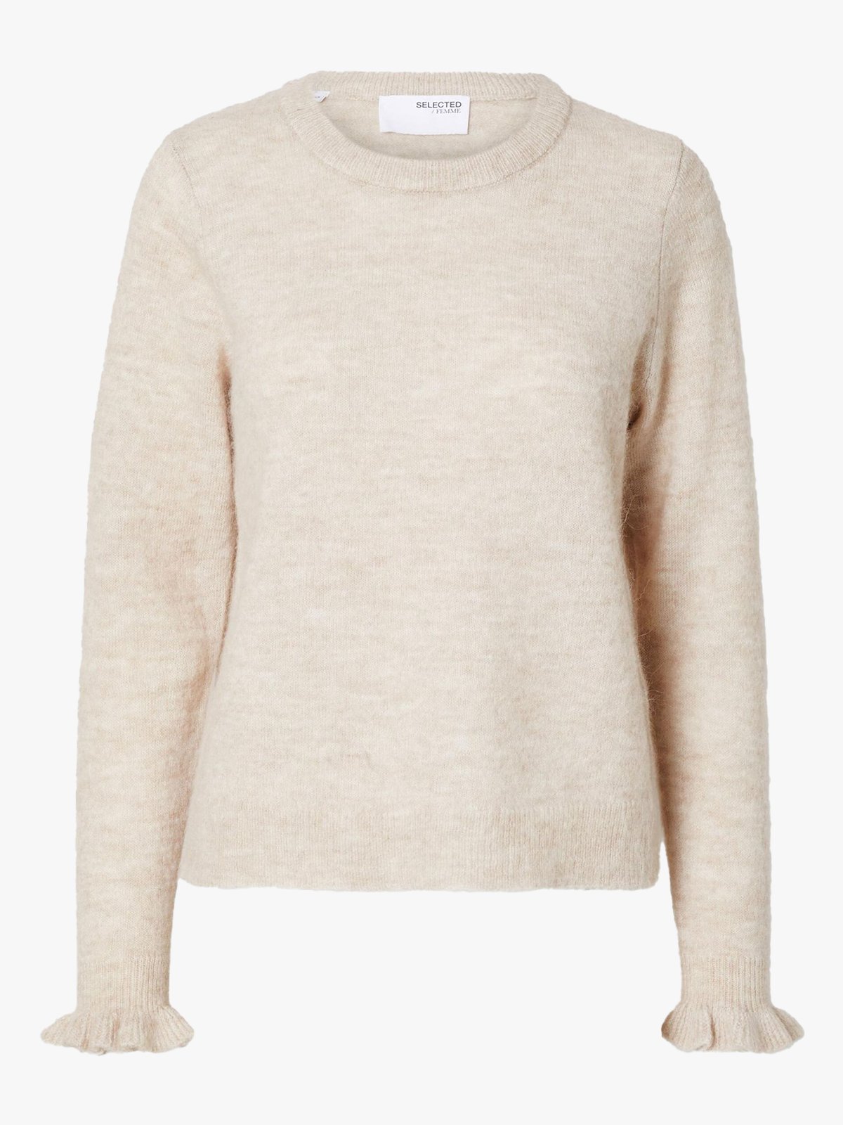 Selected Femme Lulu Long Sleeve Knit Frill Cuff O-Neck Birch Melange