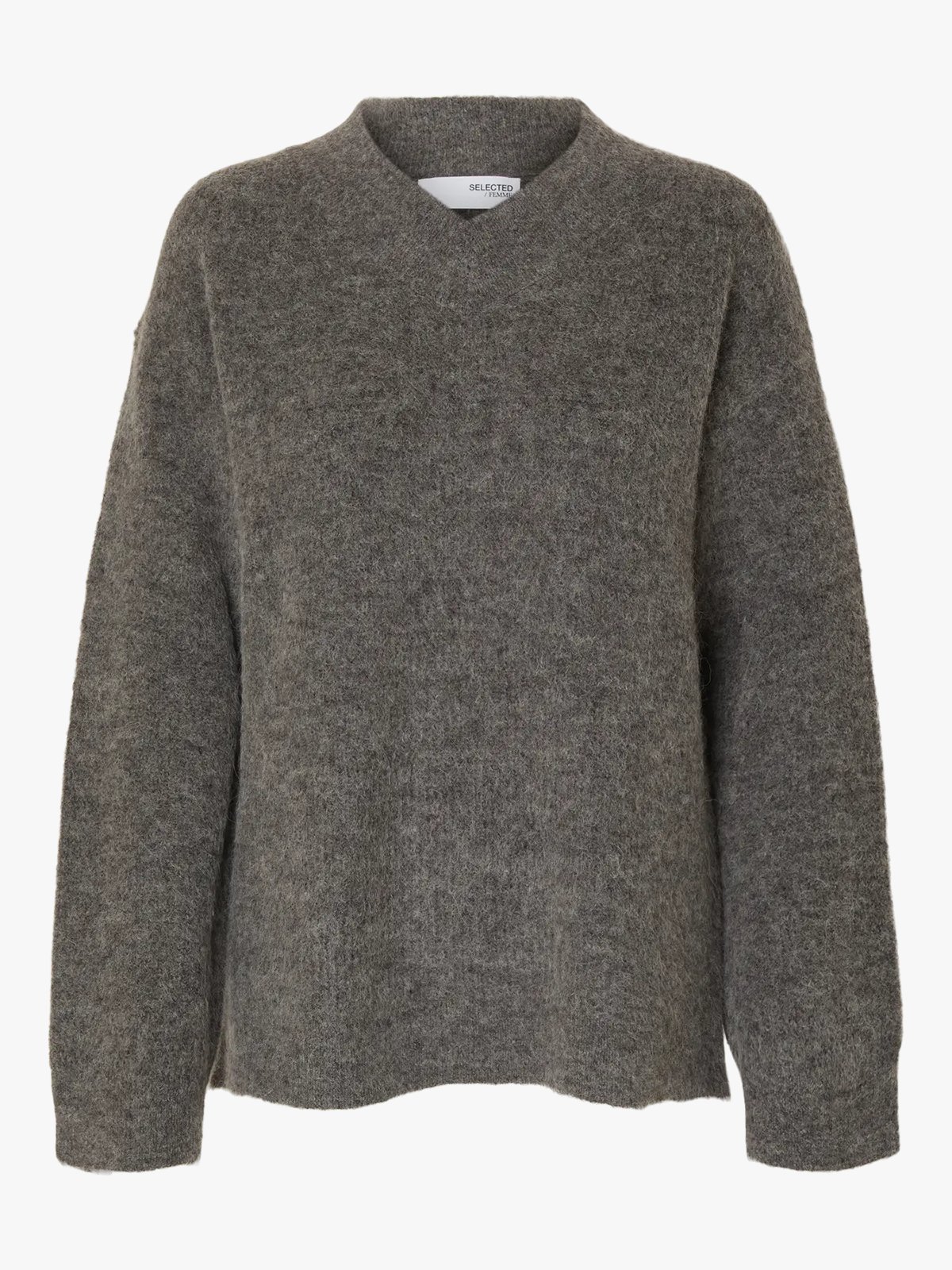 Selected Femme Sia Ras Long Sleeve Knit Long V-Neck Medium Grey Melange