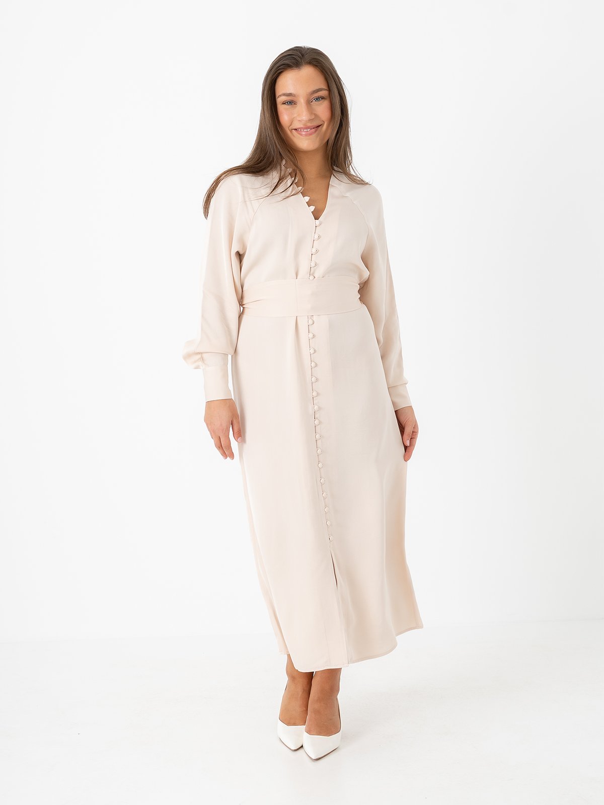 Selected Femme Selma Long Sleeve Ankle Dress Sand