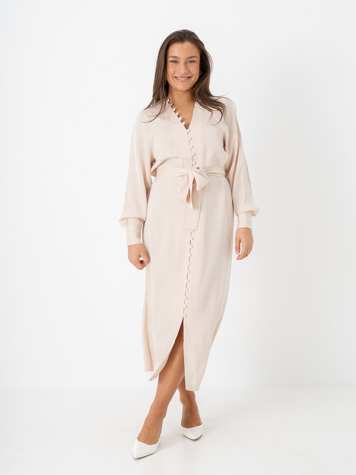 Selected Femme Selma Long Sleeve Ankle Dress Sand