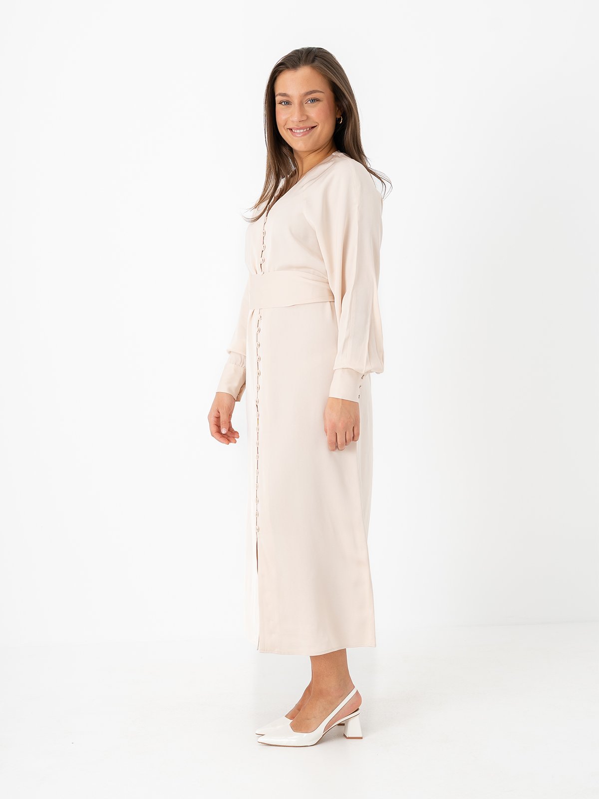 Selected Femme Selma Long Sleeve Ankle Dress Sand