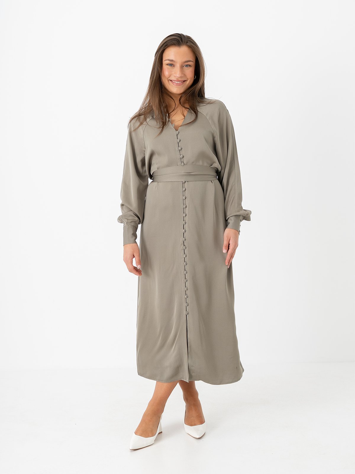 Selected Femme Selma Long Sleeve Ankle Dress Vetiver