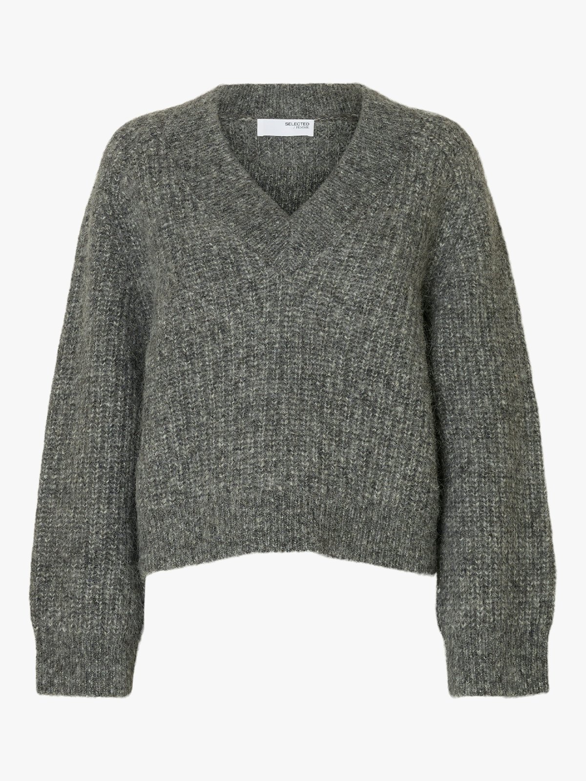 Selected Femme Anjuli Long Sleeve Knit V-Neck Medium Grey Melange
