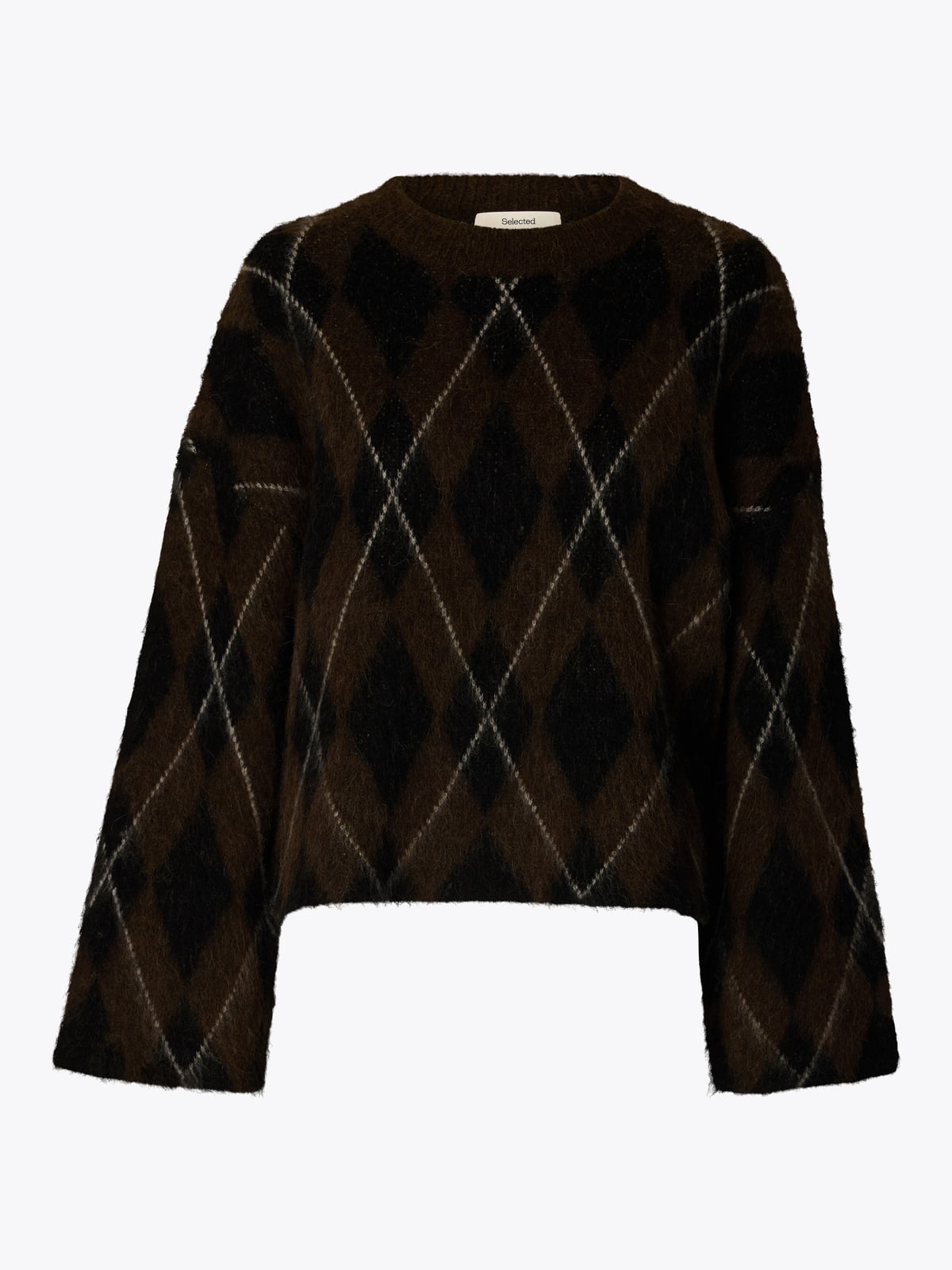 Selected Femme Lulu Brushed Long Sleeve Argyle Knit O-Neck Delicioso Black + Birch