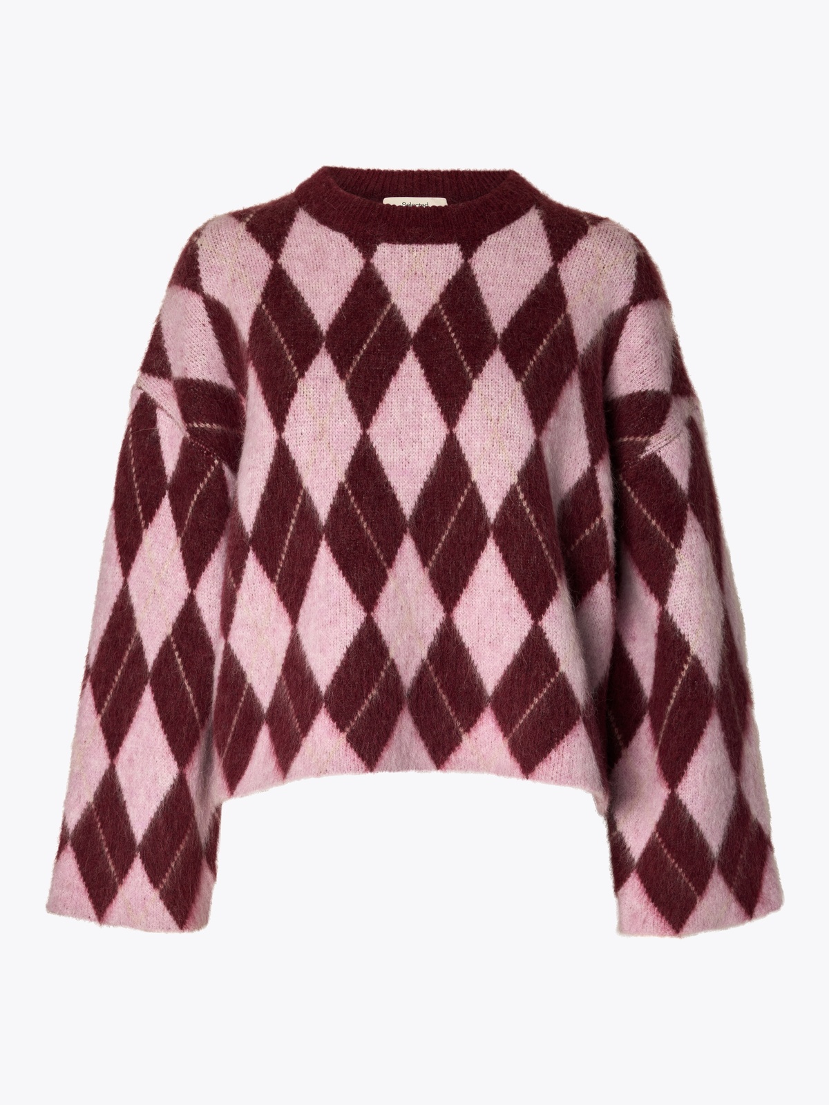 Selected Femme Lulu Brushed Long Sleeve Argyle Knit O-Neck Tawny Port Windsome Orchid + Birch