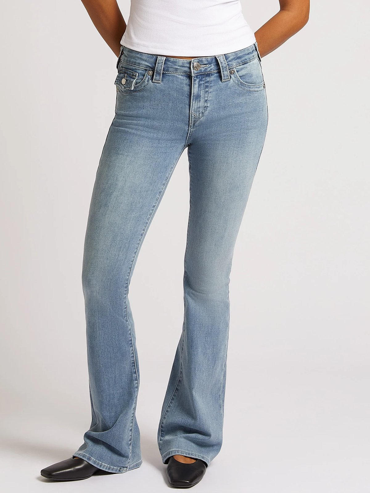 True Religion Becca Mid Rise Boot Cut Flap Peak Spot