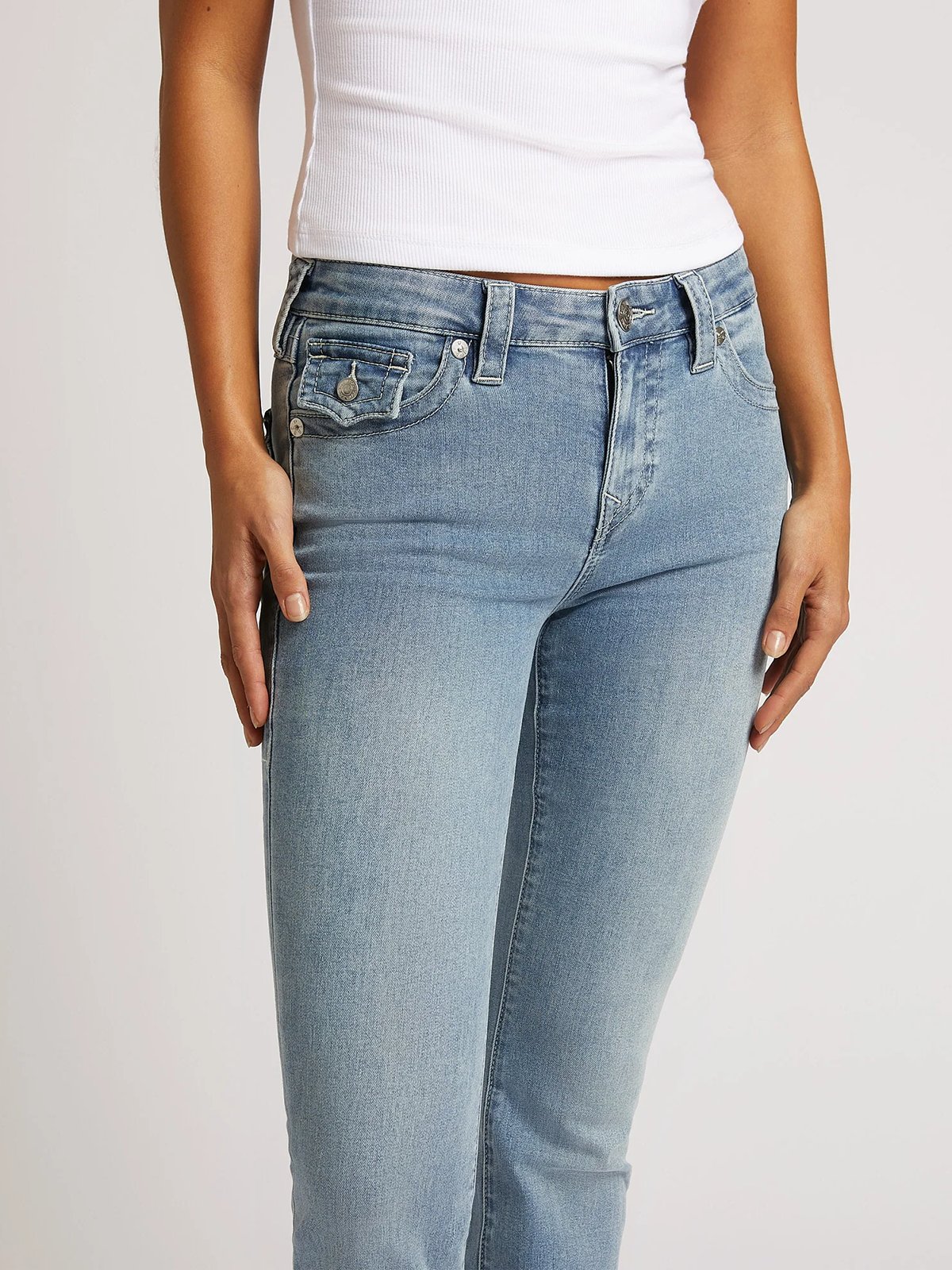 True Religion Becca Mid Rise Boot Cut Flap Peak Spot