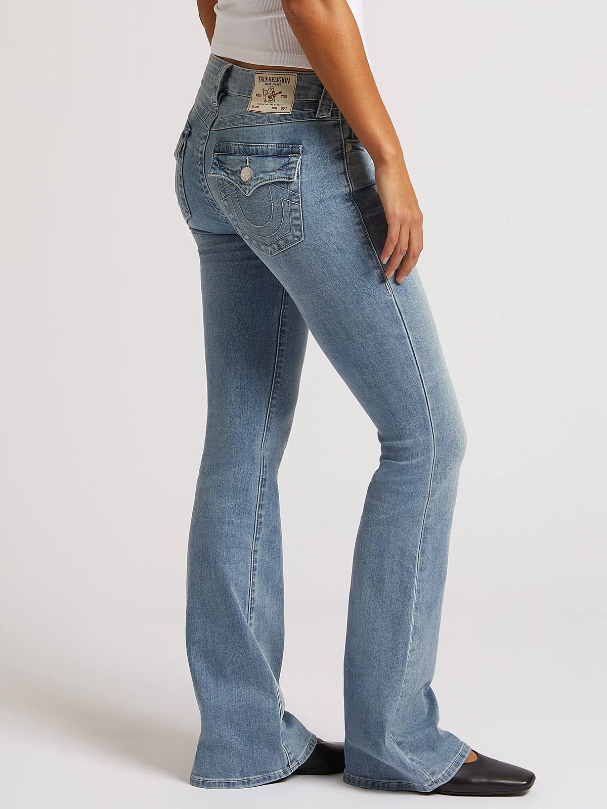 True Religion Becca Mid Rise Boot Cut Flap Peak Spot