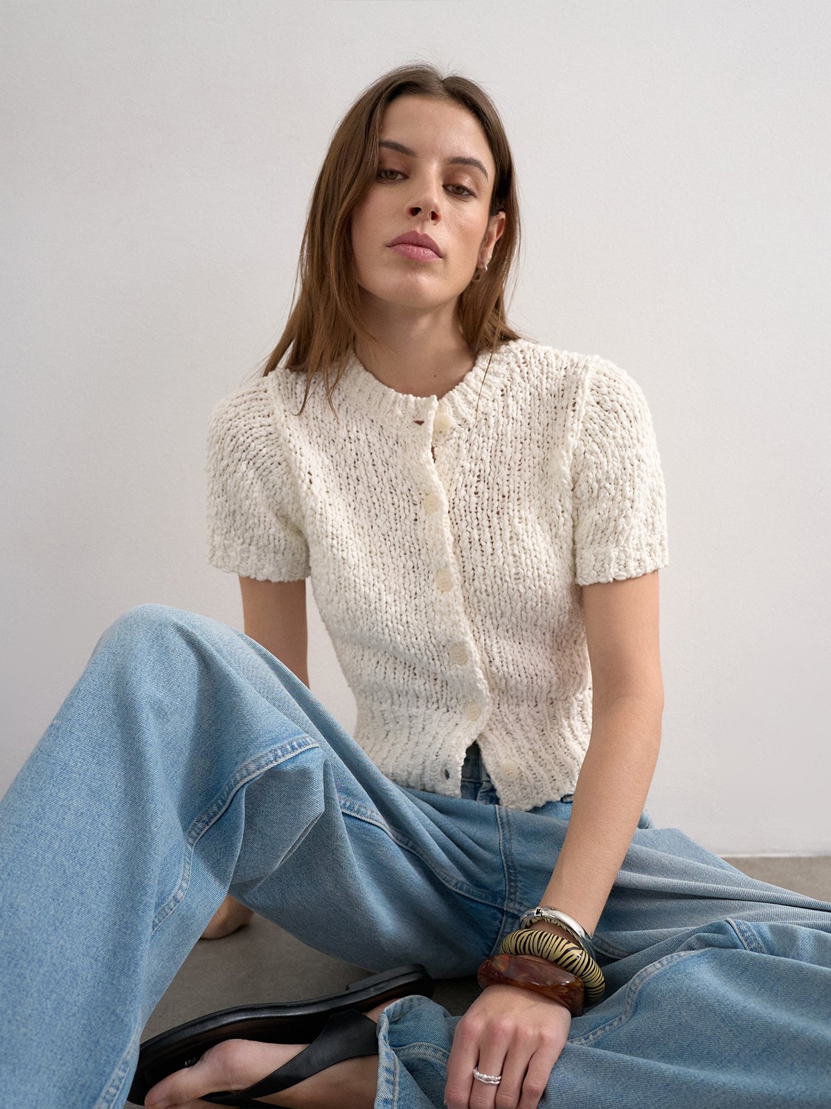 Topshop Ivy Short Sleeve Collar Cardigan Pearled Ivory