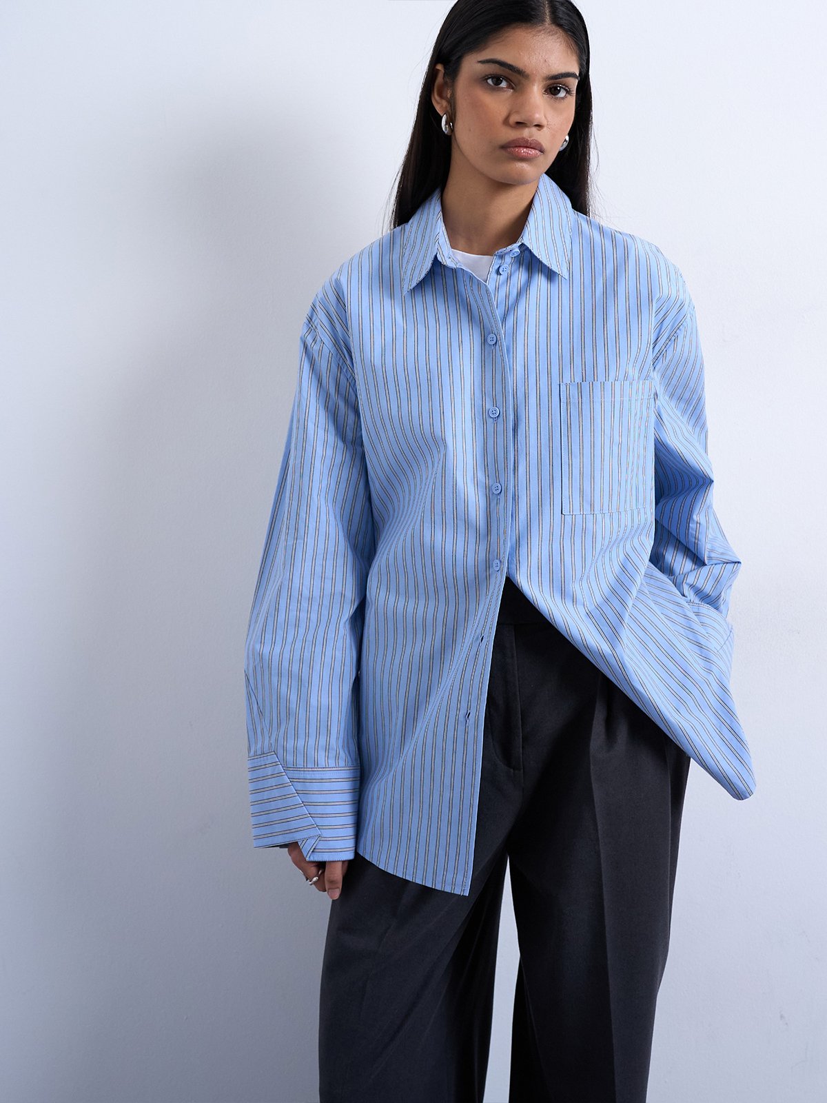 Topshop Demi Long Sleeve Oversized Shirt Navy Blazer