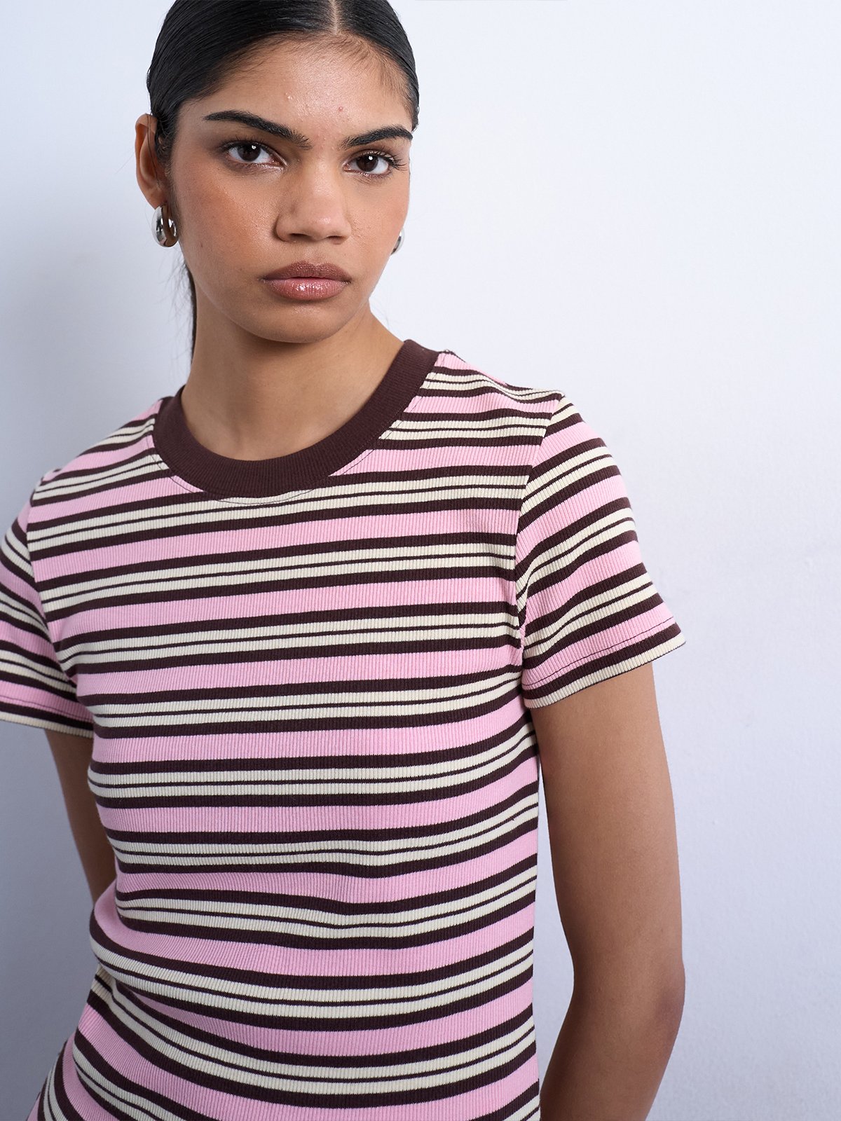Topshop Sally Short Sleeve Stripe Rib Short Tee Pink Cosmos