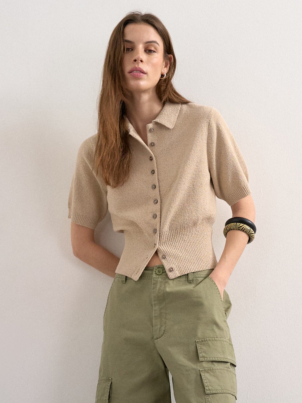 Topshop Kylie Short Sleeve Cinch Waist Polo Pullover Oatmeal