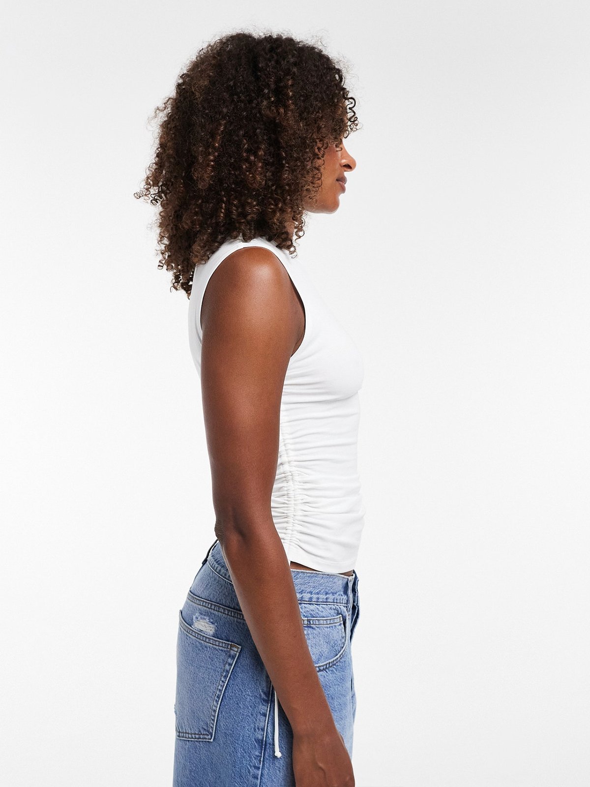 Topshop Guri Short Sleeve Ruched Tank Vest Pearled Ivory