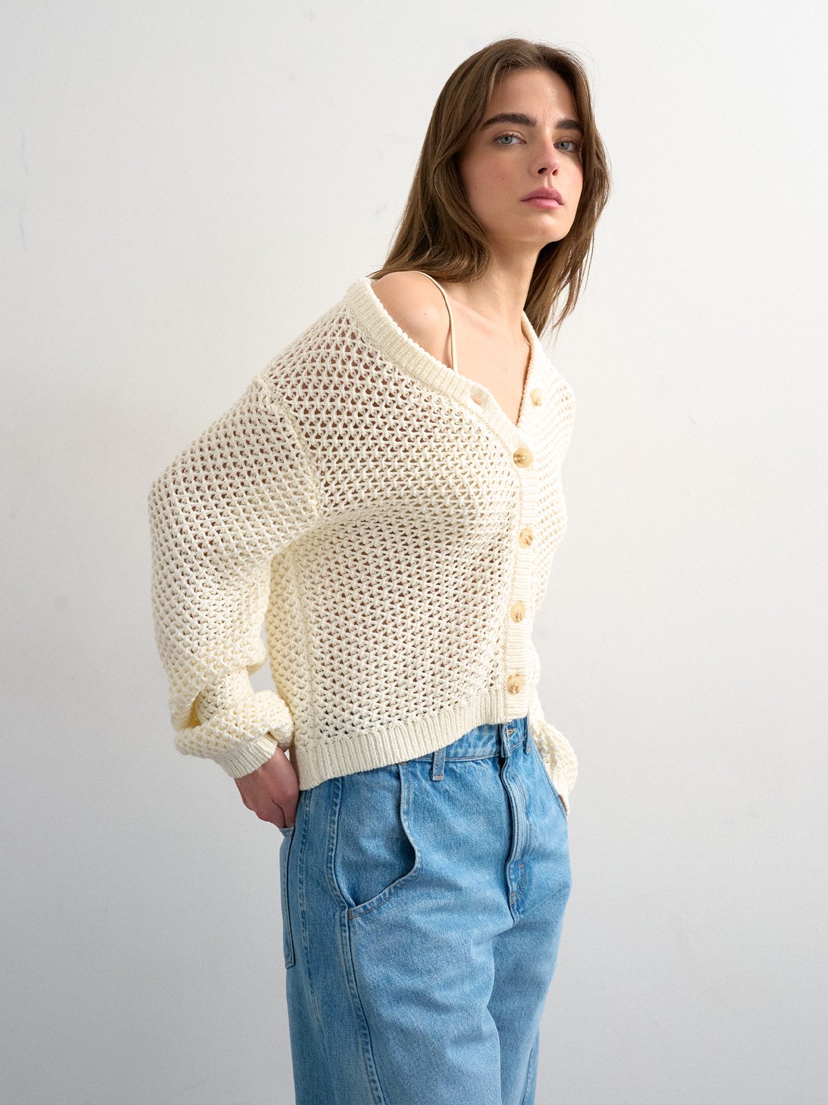 Topshop Emelie Long Sleeve Open Stitch Cardigan Pearled Ivory