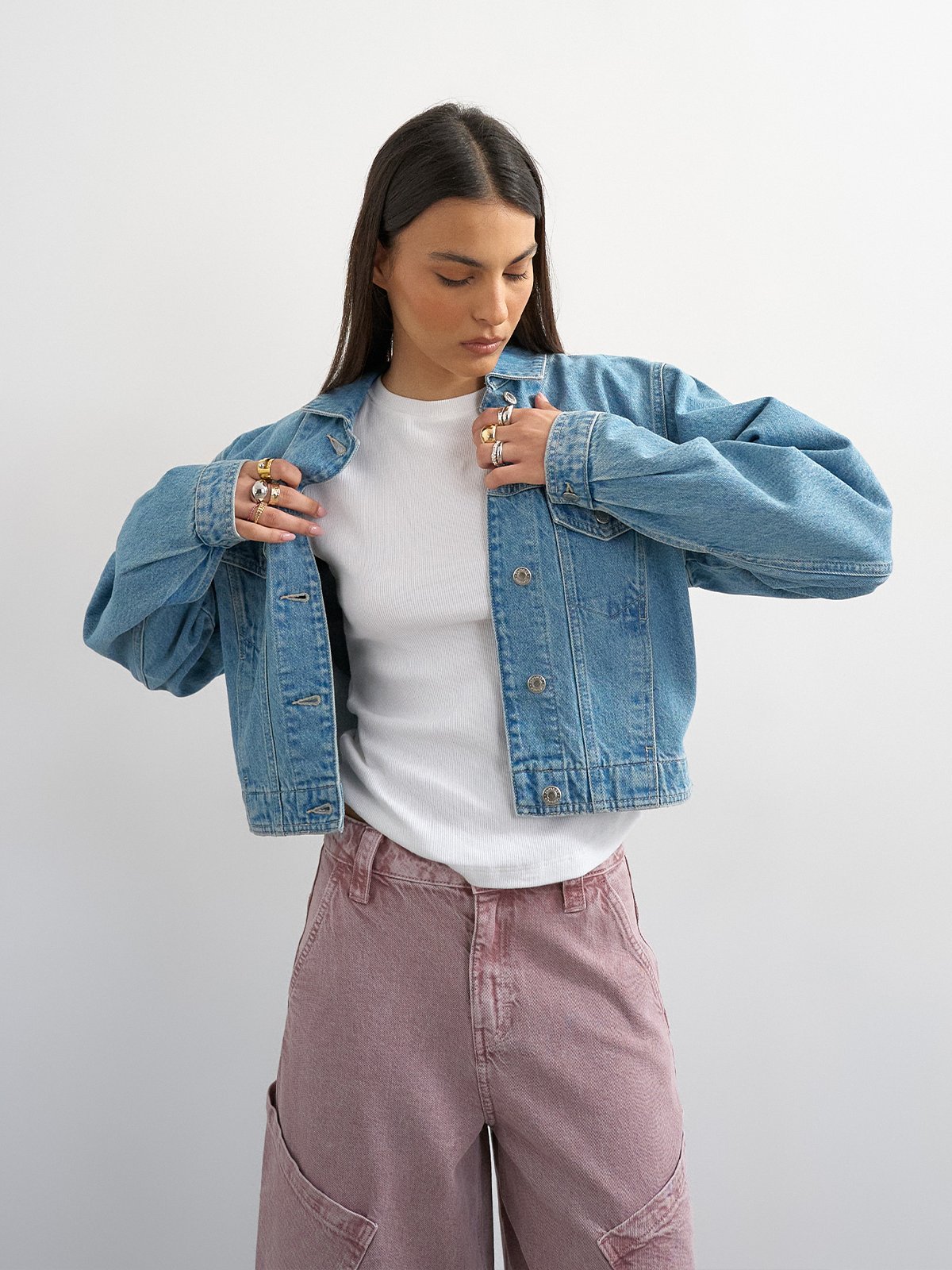 Topshop Evi Denim Cropped Jacket Light Blue Denim