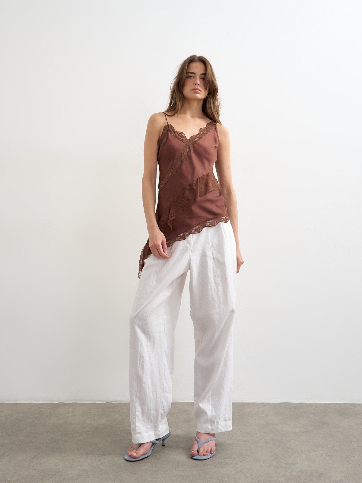 Topshop Ida Lace Insert Cami Top Chocolate Brown
