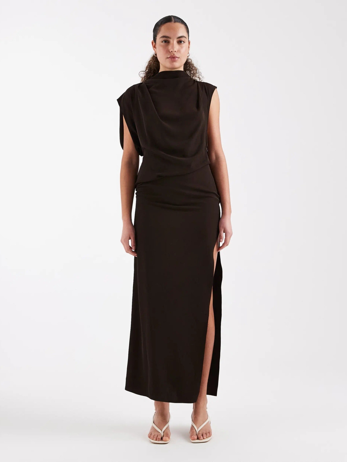 Topshop Abby Drapey High Neck Dress Chocolate Brown