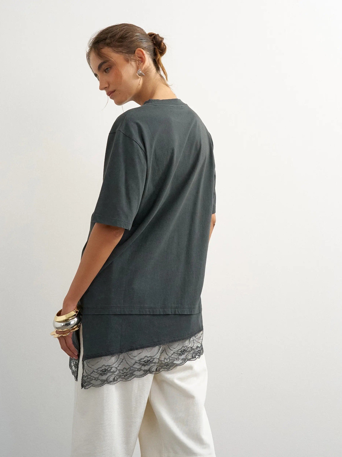 Topshop Brit Short Sleeve Lace Floral Tee Jet Black WASHED