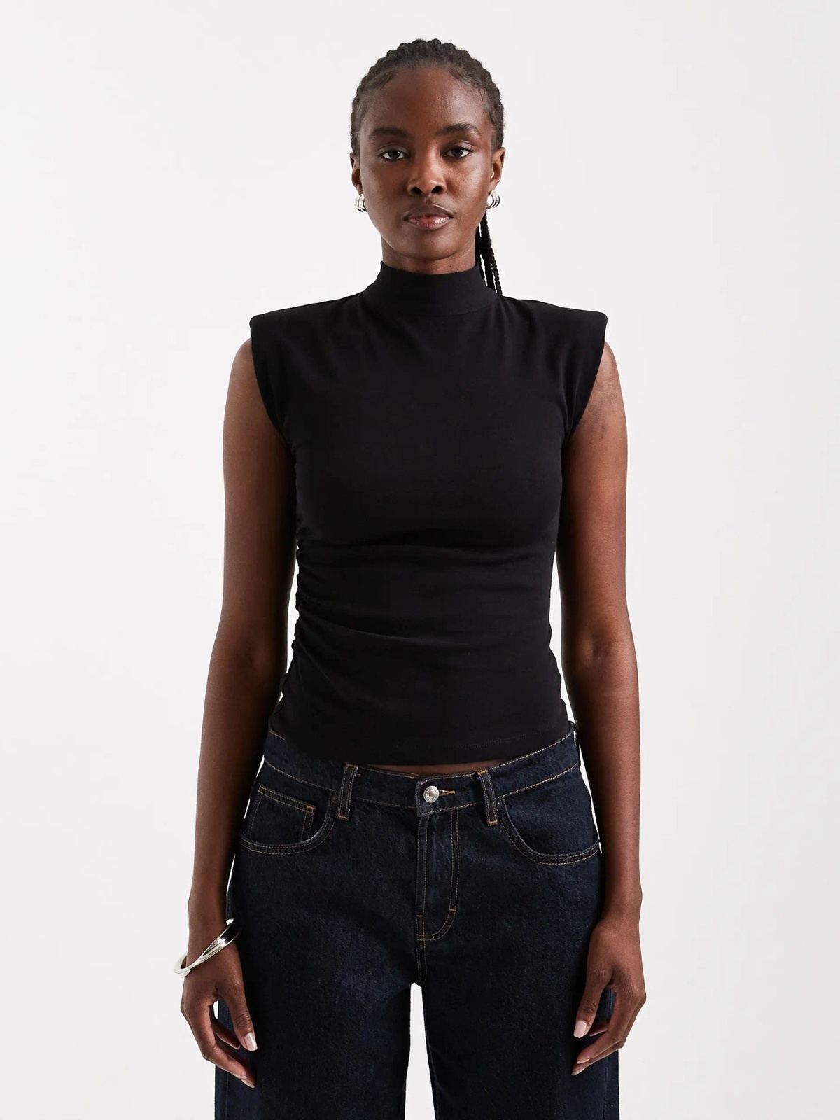 Topshop Benda Short Sleeve Scarf Tank Top Jet Black
