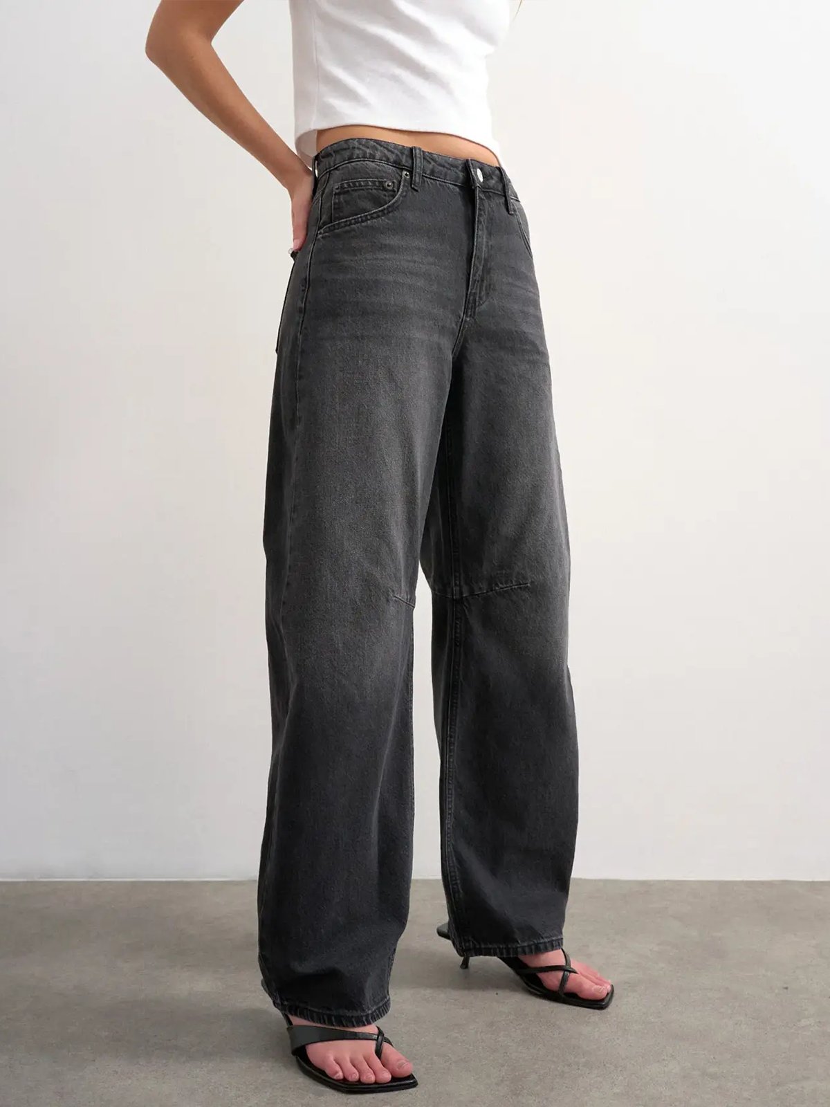 Topshop Barrel High Rise Denim Jeans Black Denim Washed