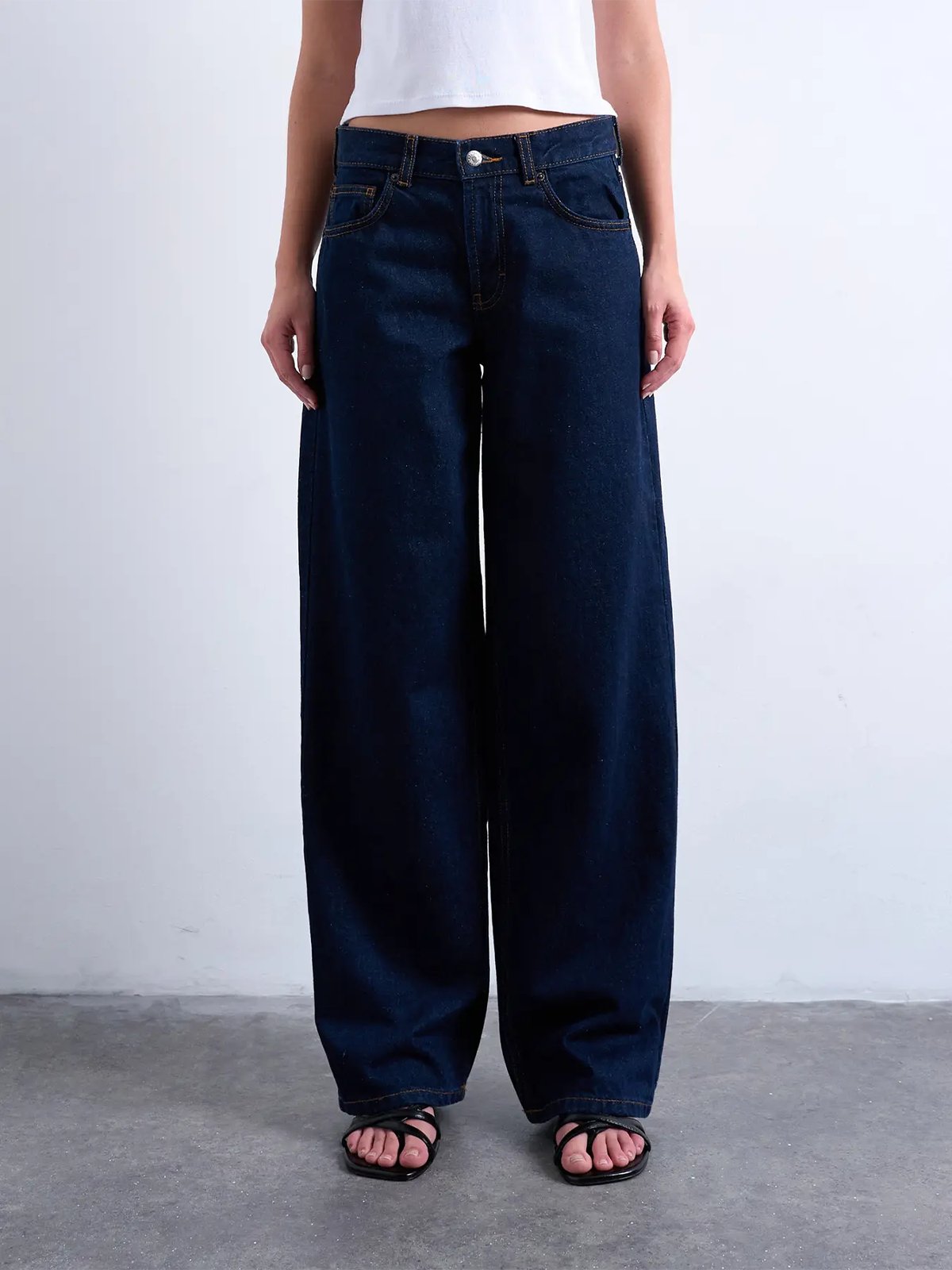 Topshop Cinch Low Rise Wide Denim Jeans Dark Blue Denim