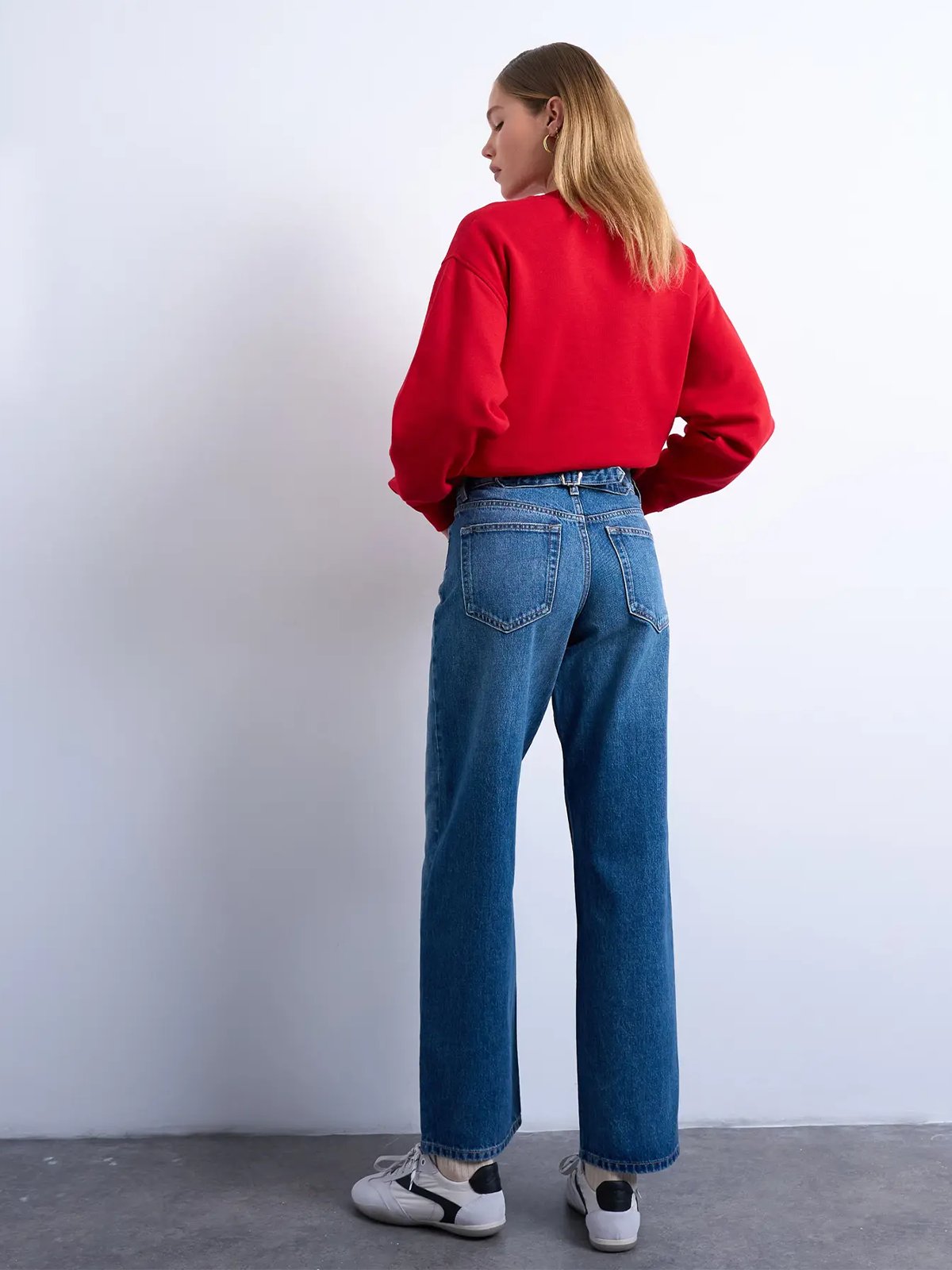 Topshop Cinch Low Rise Wide Denim Jeans Medium Blue Denim