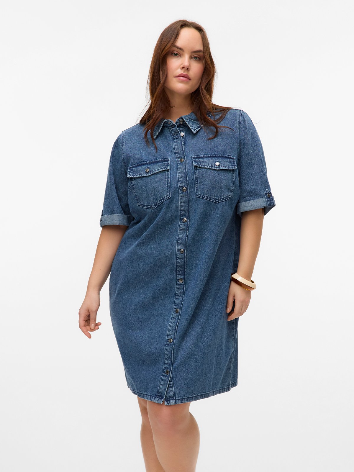 Vero Moda Curve Jennie Short Sleeve Short Denim Dress Medium Blue Denim