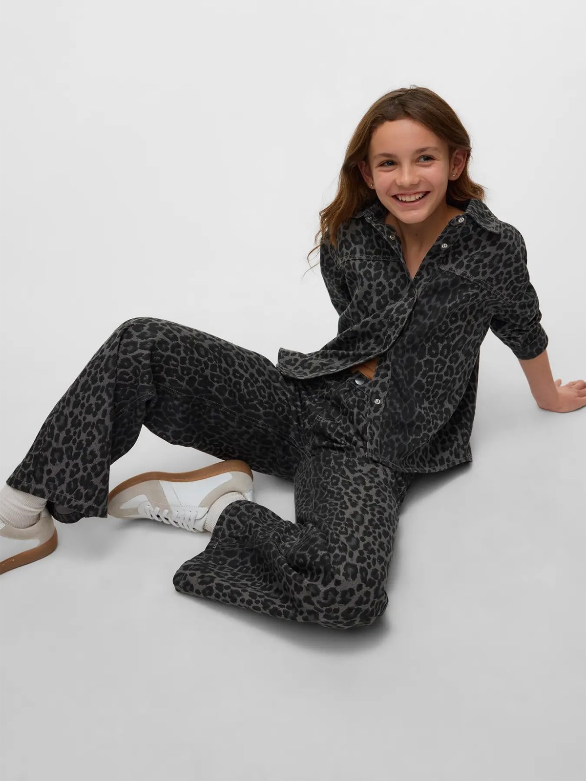 Vero Moda Girl Lenora Tessa High Rise Wide Leo Jeans Brushed Nickel LEOPARD