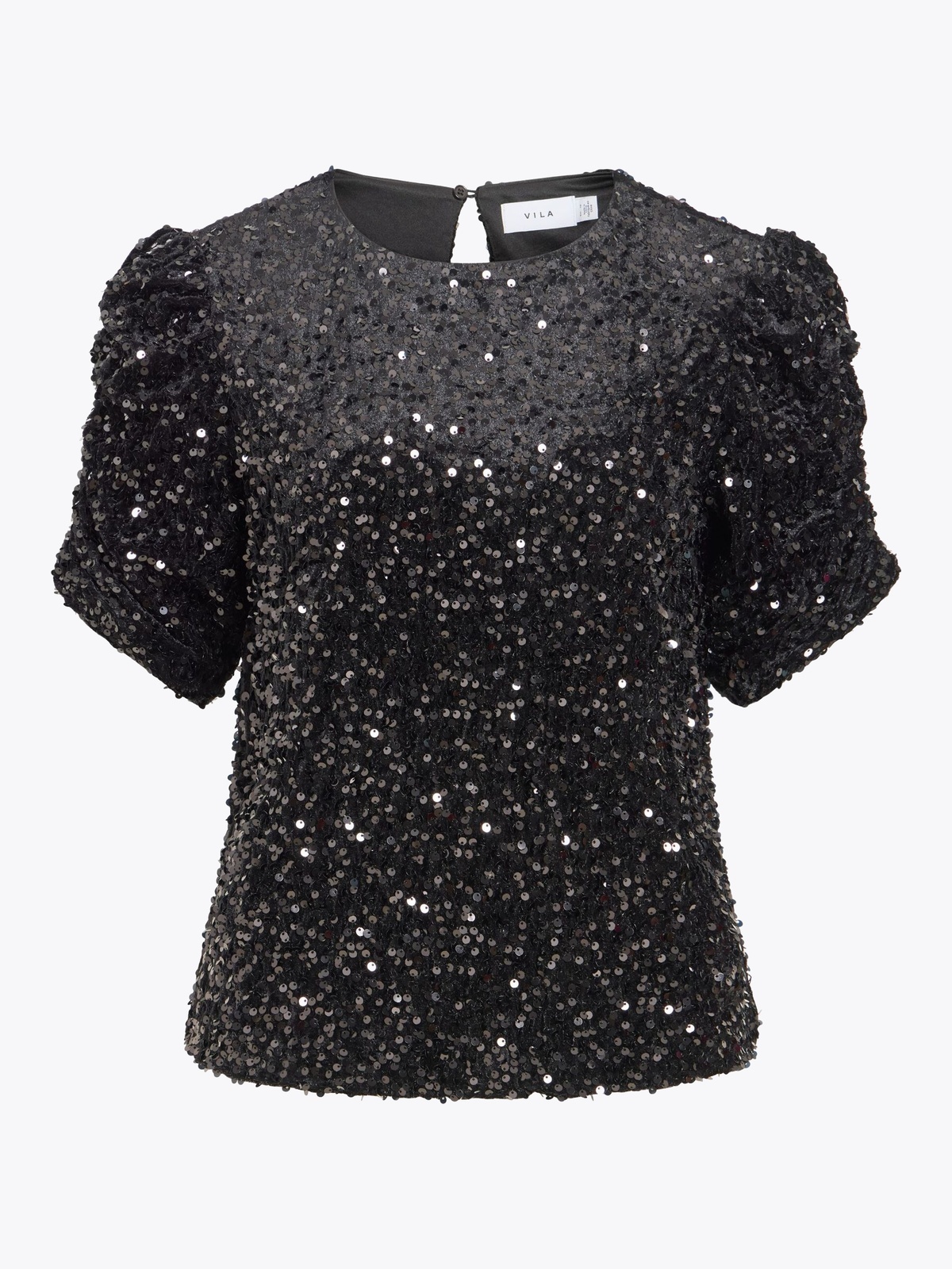 Vila Believe O-Neck Puff Sequins Top Black
