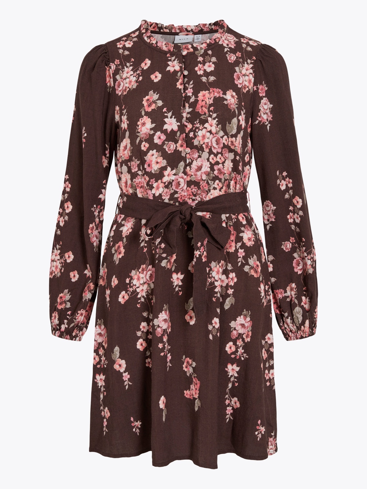 Vila Elma Bai O-Neck Long Sleeve Short Dress Coffee Bean