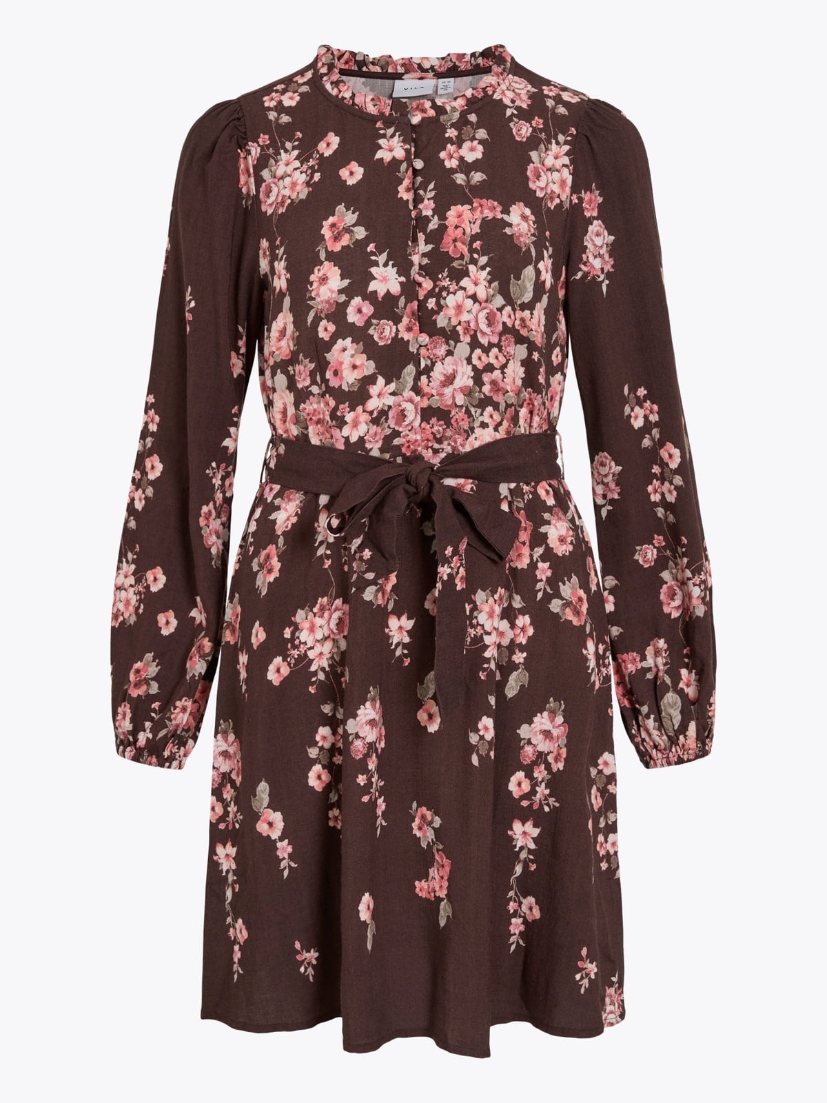 Vila Elma Bai O-Neck Long Sleeve Short Dress Coffee Bean