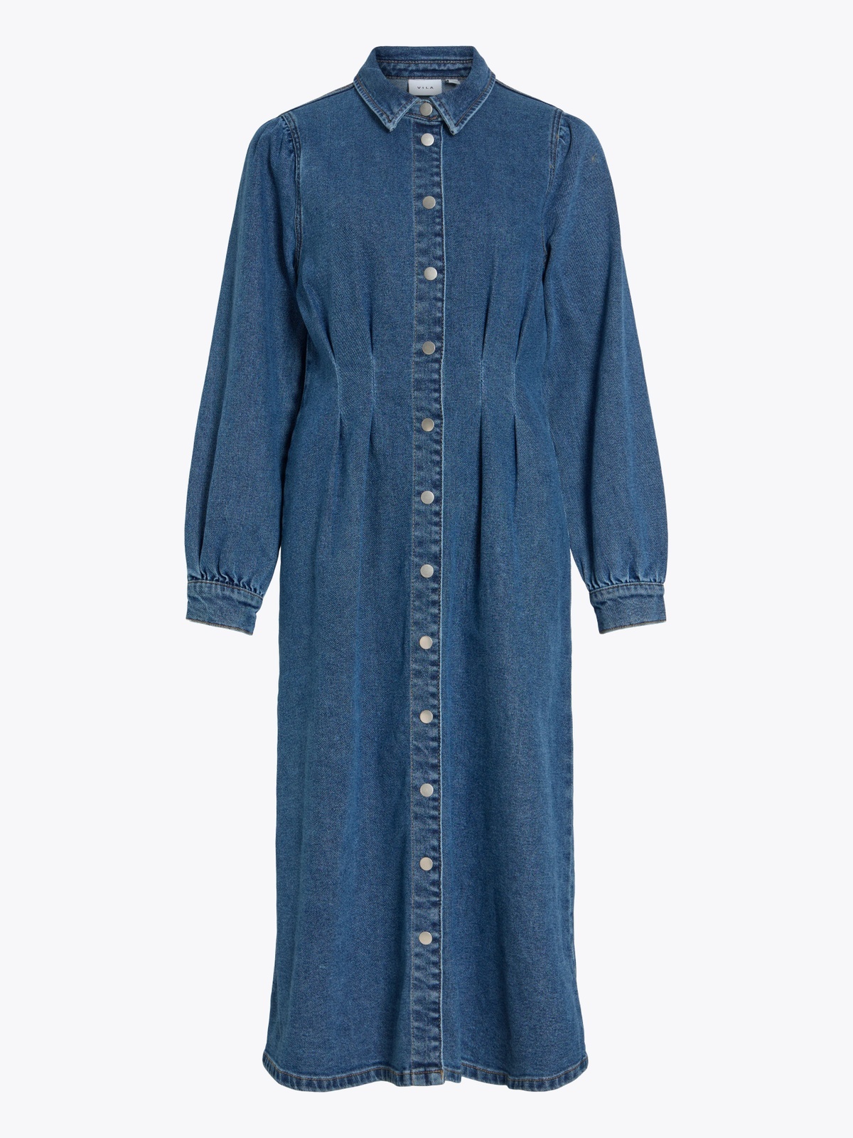 Vila Sol Long Sleeve Pleat Midi Denim Dress Medium Blue Denim