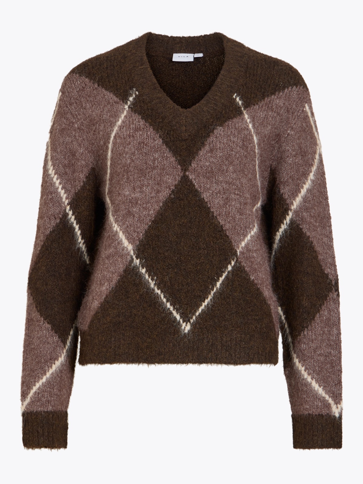 Vila Tolise V-neck Long Sleeve Check Knit Top Coffee Bean DARK NATURAL MELANGE/BIRCH