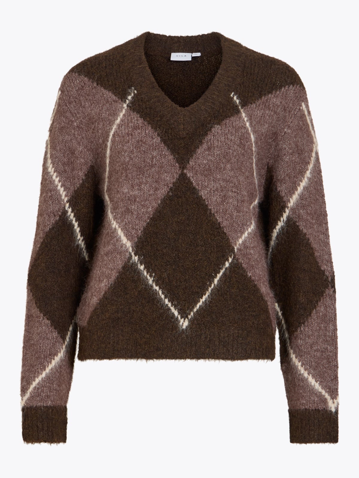 Vila Tolise V-neck Long Sleeve Check Knit Top Coffee Bean DARK NATURAL MELANGE/BIRCH