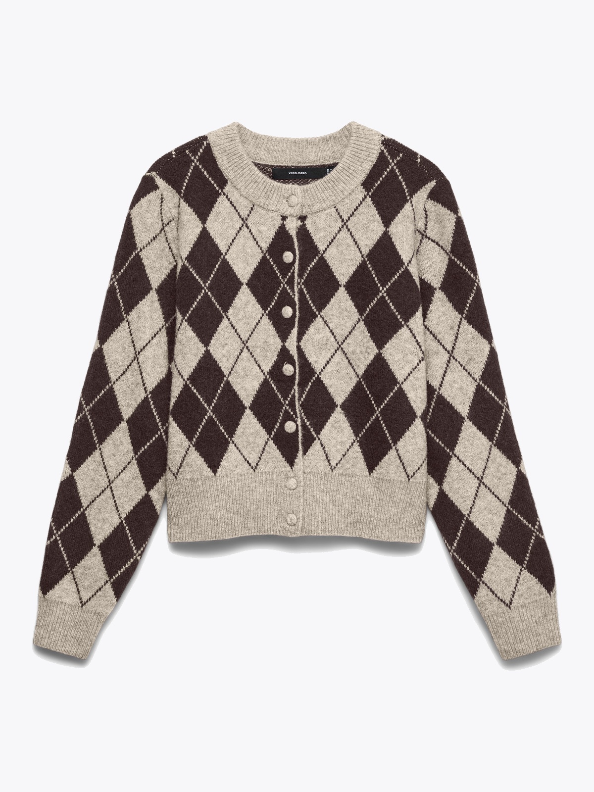 Vero Moda Halo Long Slevve O-Neck Argyle Cardigan Birch CHOCLATE TORTE