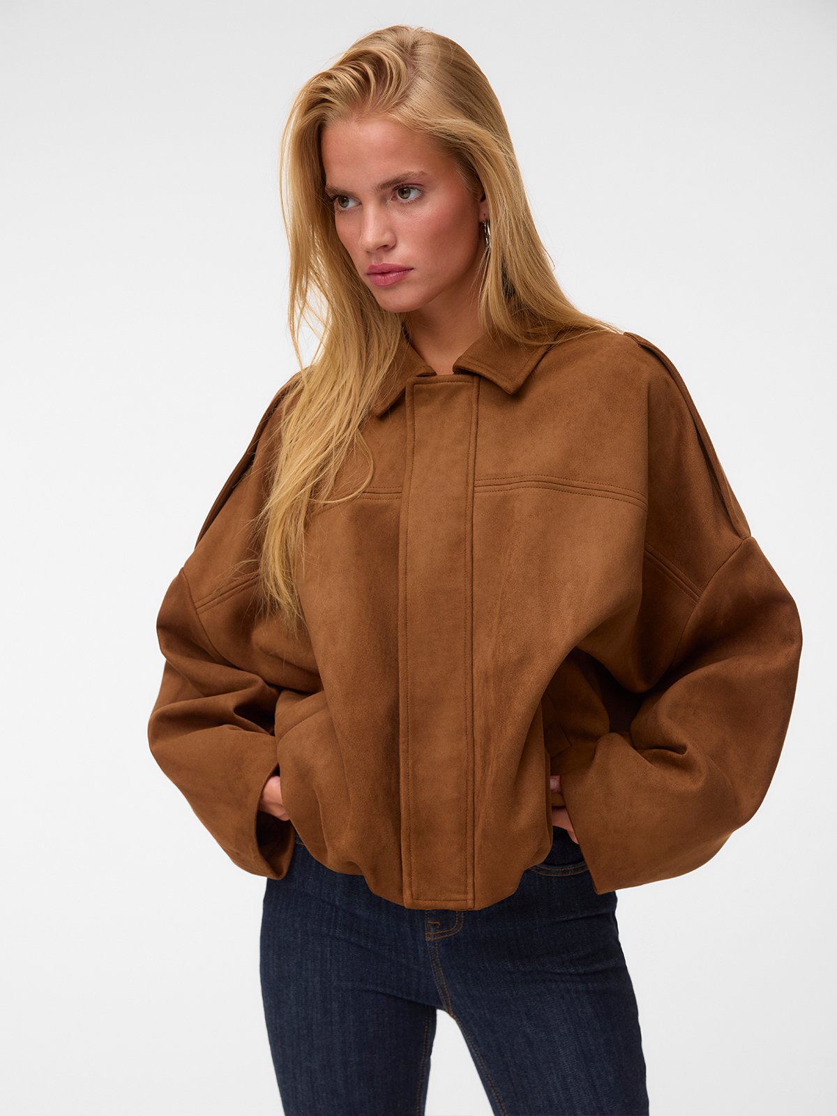 Vero Moda Hazel Long Sleeve Faux Suede Bomber Jacket Dachshund