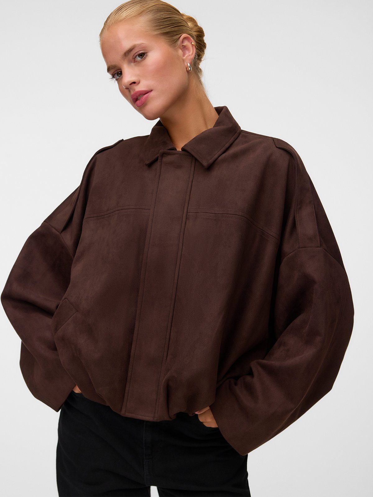 Vero Moda Hazel Long Sleeve Faux Suede Bomber Jacket Seal Brown