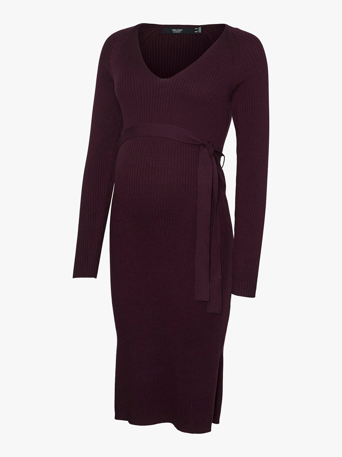 Vero Moda Maternity Saba Rib Long Sleeve V-Neck Belt Dress Winetasting