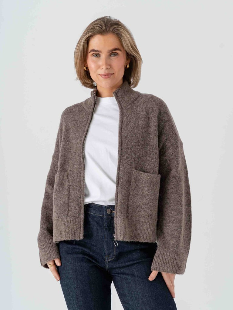 Selected Femme Sia Ras Long Sleeve Knit Zipper Cardigan - Brun