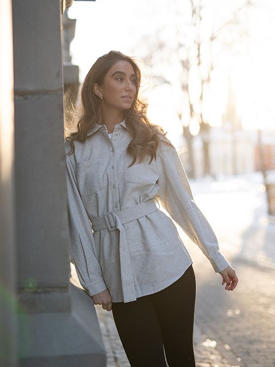 NA-KD Oversized Wool Blend Shirt Jacket Light Grey