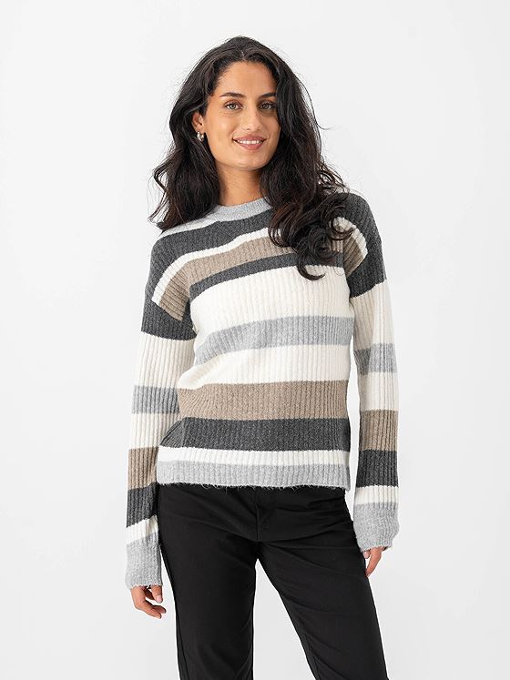 B.YOUNG Onema O-Neck Knit Grey Melange Stripe Mix