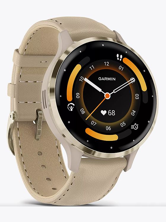 Garmin Venu 3S Cream Gold Stainless Steel Bezel with French Gray Case and Leather Band