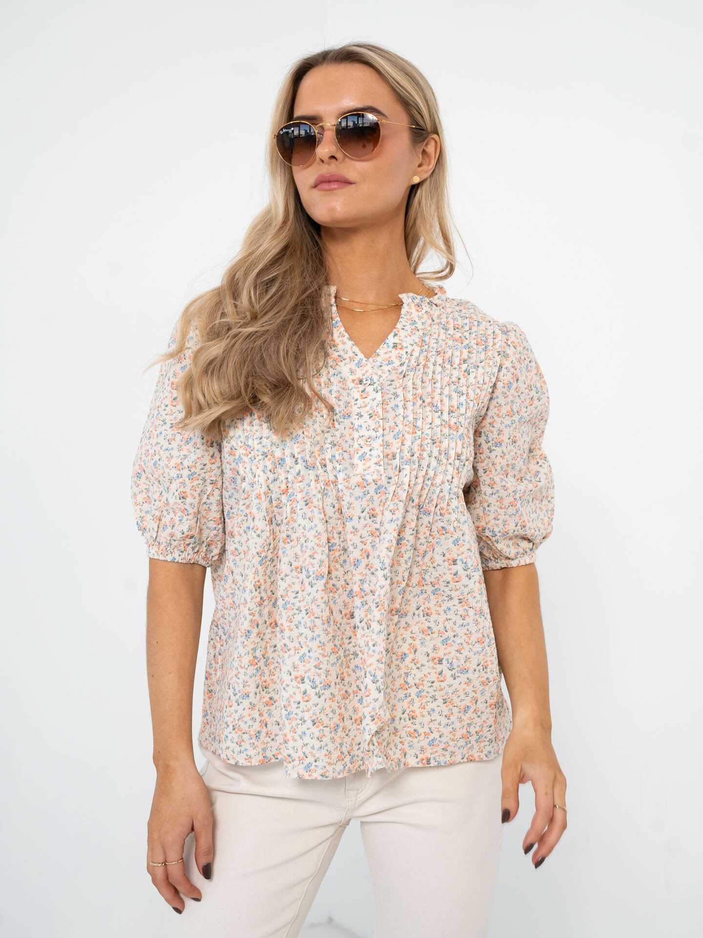 NORR Opal Seersucker Short Sleeve Top Orange Flower