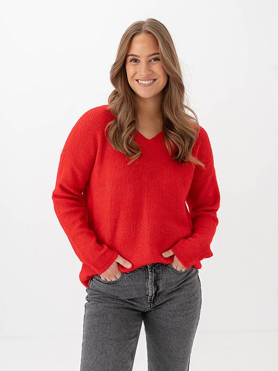 Only Camilla V-Neck Long Sleeve Pullover Knit True Red